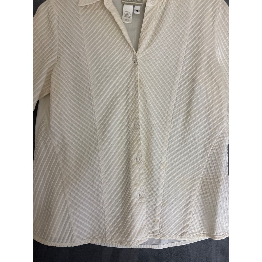 Ivory Textured Cotton Button Up Blouse Chevron Stripe Size M
